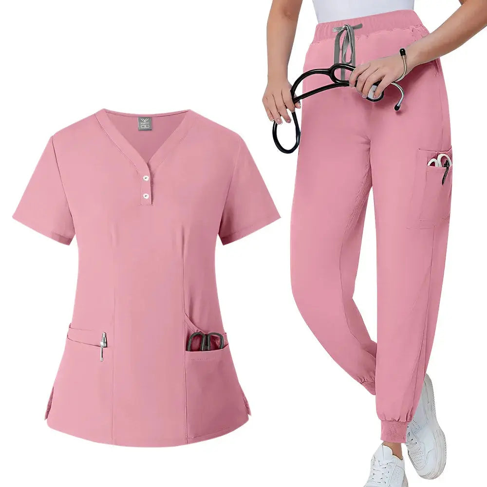 Conjunto de batas para mujer, Top con bolsillo y cuello en V, pantalones exfoliantes para correr con cordón, uniforme médico para enfermería, ropa de trabajo quirúrgica CJdropshipping