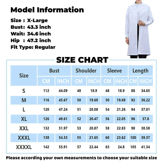 Bata de laboratorio blanca de manga larga Unisex para hombre y mujer, blusa tipo túnica con cuello de solapa con muescas y botones para uniforme médico y enfermera MedSurgery Store For Digital Health