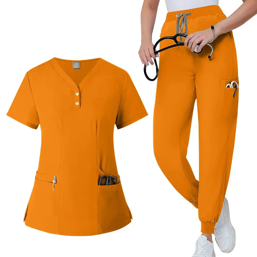 Conjunto de batas para mujer, Top con bolsillo y cuello en V, pantalones exfoliantes para correr con cordón, uniforme médico para enfermería, ropa de trabajo quirúrgica CJdropshipping