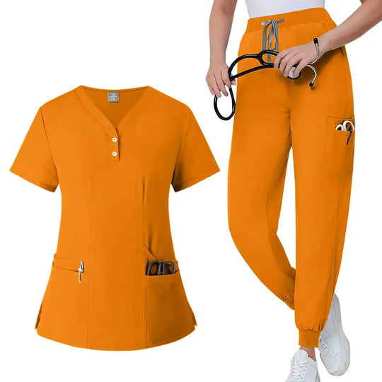 Conjunto de batas para mujer, Top con bolsillo y cuello en V, pantalones exfoliantes para correr con cordón, uniforme médico para enfermería, ropa de trabajo quirúrgica CJdropshipping