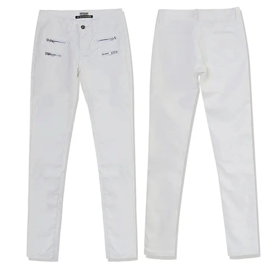 Pantalón de mujer de talle bajo, pantalones elásticos ajustados con doble cremallera, pantalones de piel sintética blancos para mujer MedSurgery Store For Digital Health