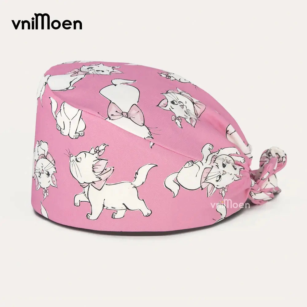 Gorro de algodón con estampado de gato de dibujos animados rosa para tienda de mascotas, gorro de enfermera para veterinario, gorro exfoliante absorbente para el sudor, gorro de dentista, gorros para el cuidado del salón de MedSurgery Store For Digital Health