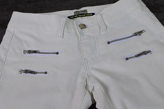 Pantalón de mujer de talle bajo, pantalones elásticos ajustados con doble cremallera, pantalones de piel sintética blancos para mujer MedSurgery Store For Digital Health