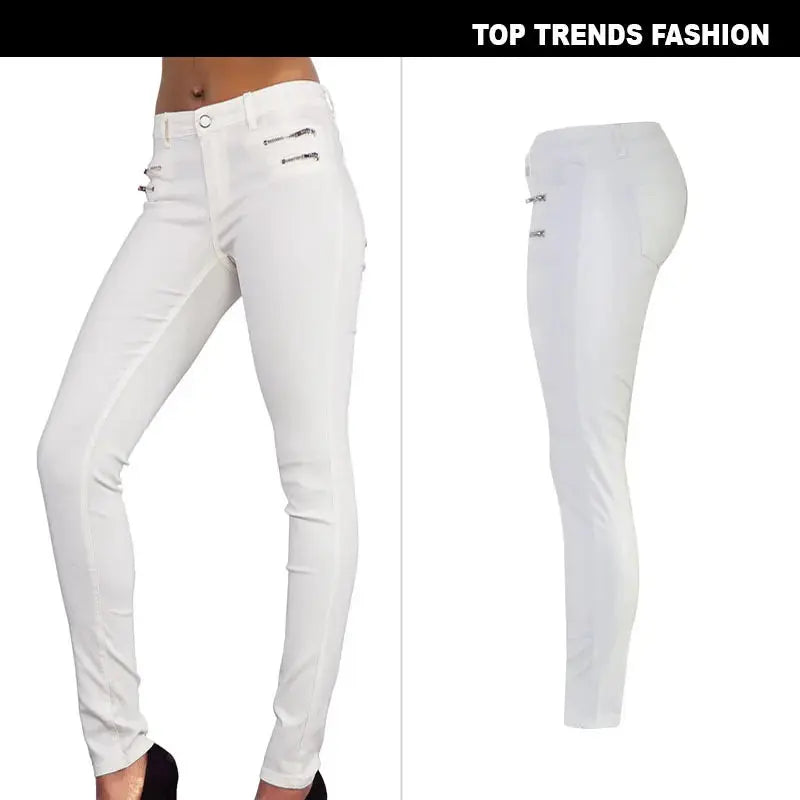 Pantalón de mujer de talle bajo, pantalones elásticos ajustados con doble cremallera, pantalones de piel sintética blancos para mujer MedSurgery Store For Digital Health