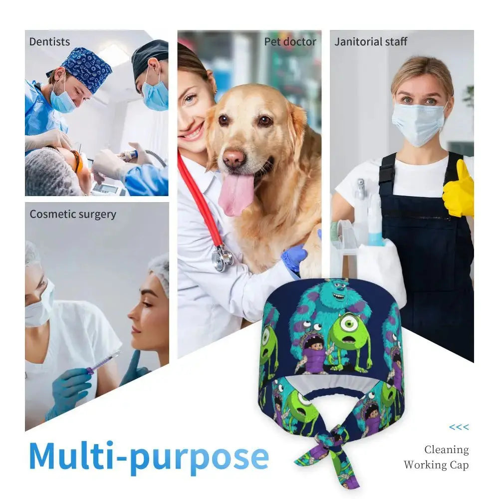 Gorro de trabajo ajustable personalizado con dibujos animados de la Universidad de Monsters, gorro quirúrgico para hombres y mujeres, gorro quirúrgico para enfermería, médico y cirujano MedSurgery Store For Digital Health