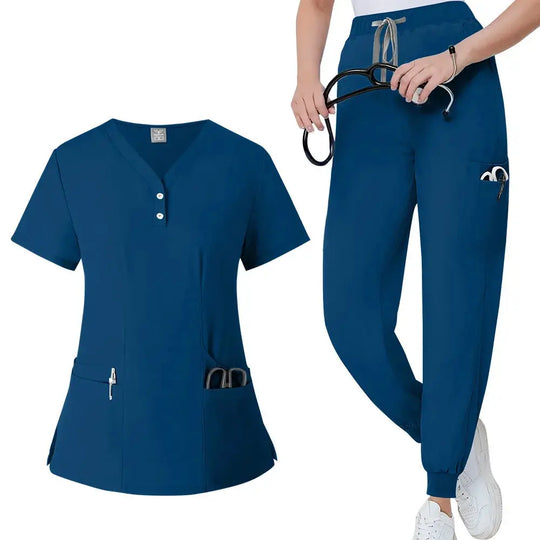 Conjunto de batas para mujer, Top con bolsillo y cuello en V, pantalones exfoliantes para correr con cordón, uniforme médico para enfermería, ropa de trabajo quirúrgica CJdropshipping