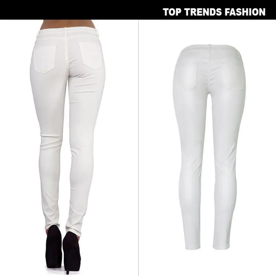 Pantalón de mujer de talle bajo, pantalones elásticos ajustados con doble cremallera, pantalones de piel sintética blancos para mujer MedSurgery Store For Digital Health