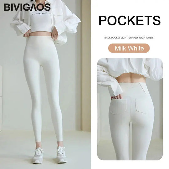 BIVIGAOS 2025 Primavera Verano bolsillo trasero Leggings de piel de tiburón mujeres blanco apretado Casual deporte Fitness Leggings pantalones pitillo MedSurgery Store For Digital Health