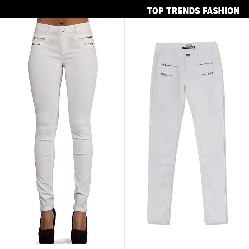 Pantalón de mujer de talle bajo, pantalones elásticos ajustados con doble cremallera, pantalones de piel sintética blancos para mujer MedSurgery Store For Digital Health