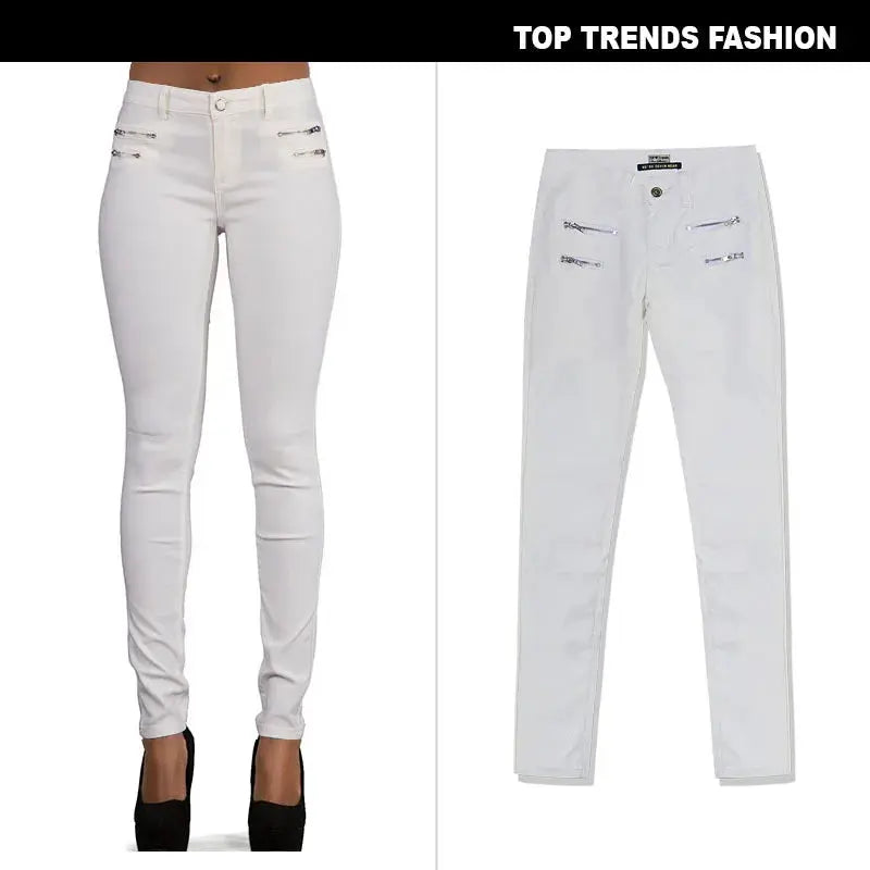 Pantalón de mujer de talle bajo, pantalones elásticos ajustados con doble cremallera, pantalones de piel sintética blancos para mujer MedSurgery Store For Digital Health