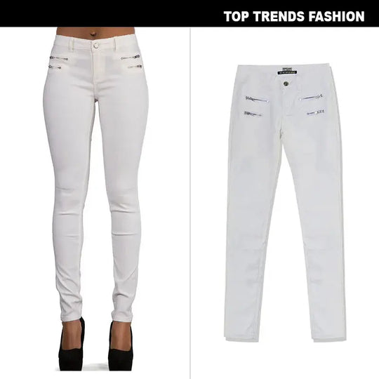 Pantalón de mujer de talle bajo, pantalones elásticos ajustados con doble cremallera, pantalones de piel sintética blancos para mujer MedSurgery Store For Digital Health