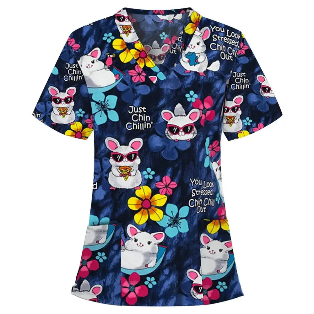 Uniforme quirúrgico veterinario con estampado de viñetas de animales para mujer, Tops de moda con cuello en V, manga corta, médico para mascotas CJdropshipping