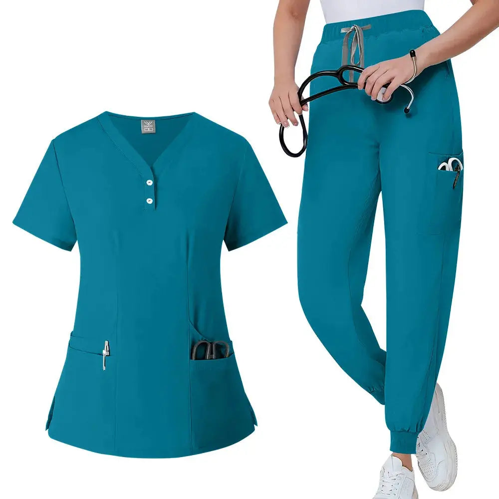 Conjunto de batas para mujer, Top con bolsillo y cuello en V, pantalones exfoliantes para correr con cordón, uniforme médico para enfermería, ropa de trabajo quirúrgica CJdropshipping