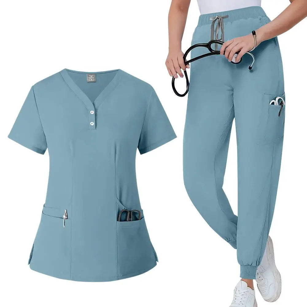 Conjunto de batas para mujer, Top con bolsillo y cuello en V, pantalones exfoliantes para correr con cordón, uniforme médico para enfermería, ropa de trabajo quirúrgica CJdropshipping