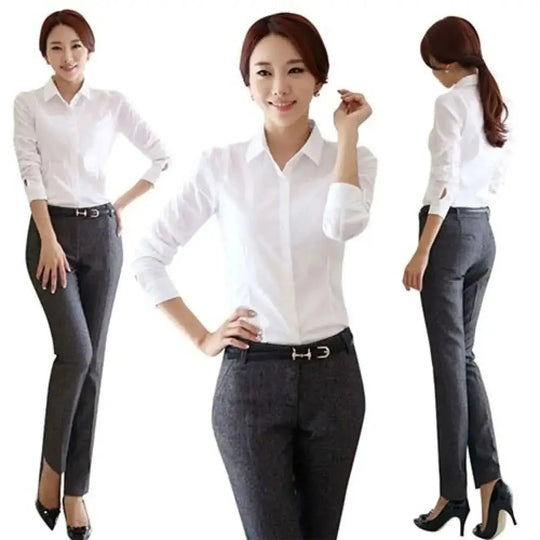 Camisa Blanca Profesional para Mujer – Ajuste Regular, Manga Larga, Transpirable.