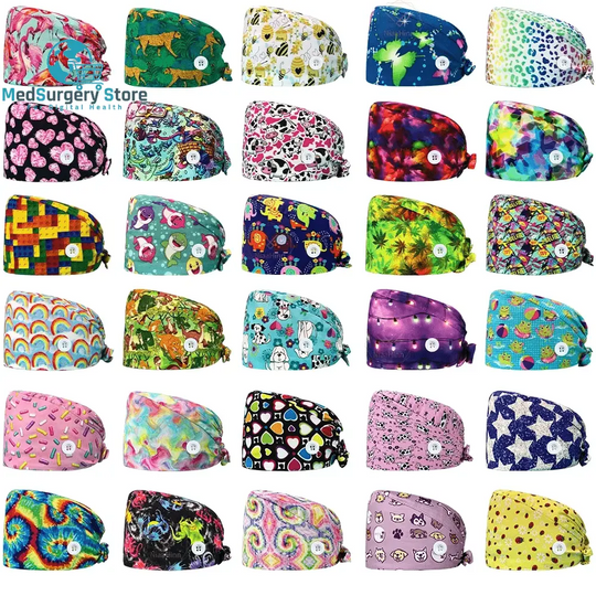 Wholesale Unisex Scrubs Cap Adjustable Cotton Printing Surgical Hats Nurse Uniform Accessories Hospital Beauty Store Work Caps